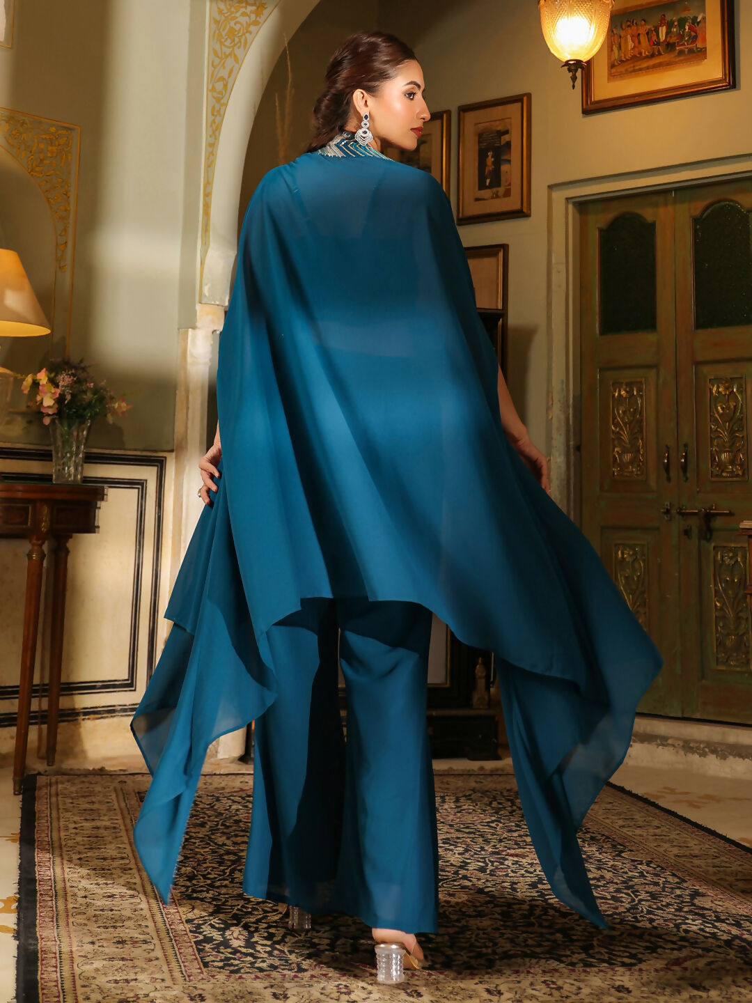 Janasya Teal Blue Georgette Embroidered Top Bottom Cape 