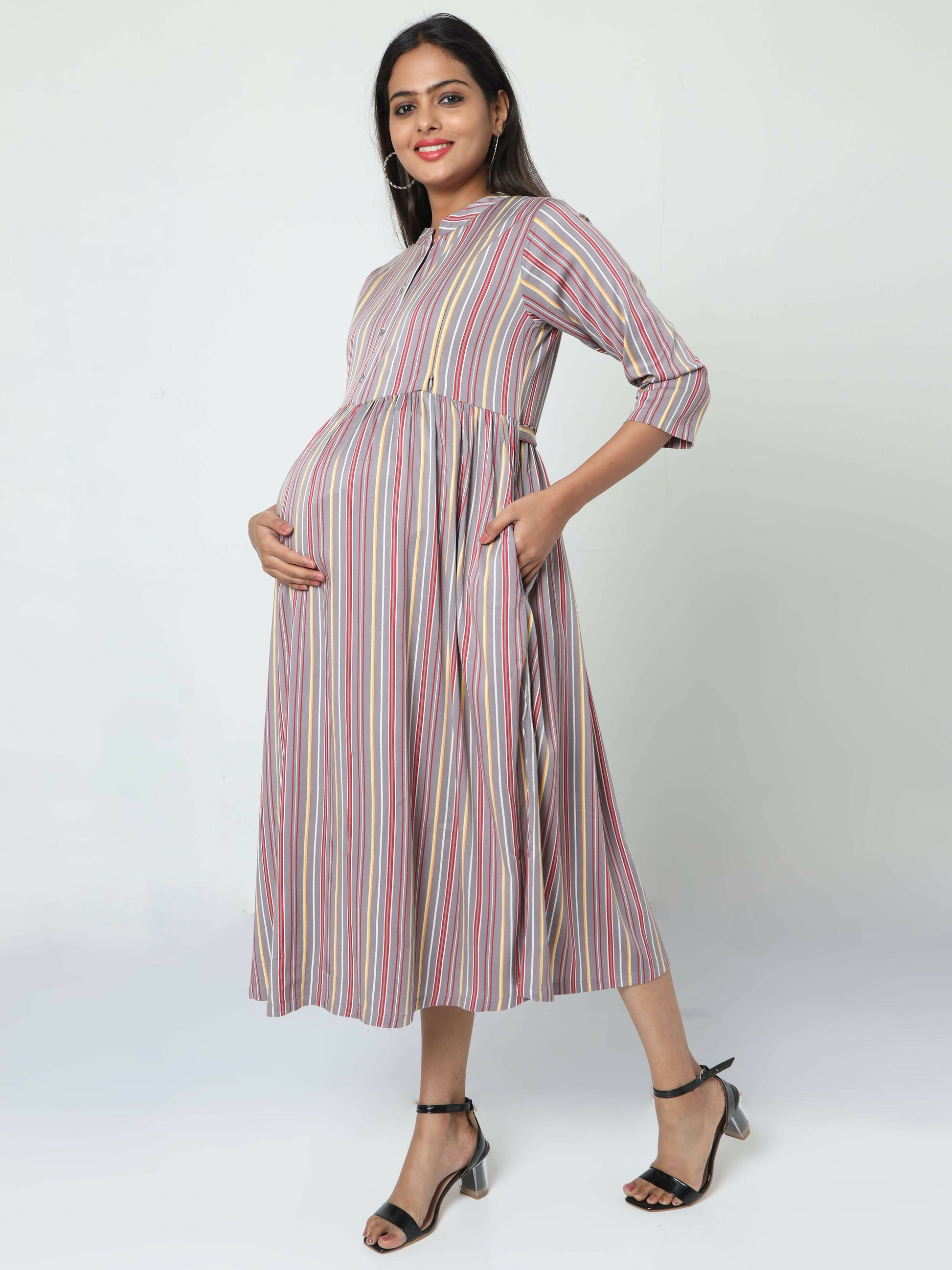 Manet Three Fourth Maternity Dress Striped With Concealed Zipper Nursing Access - Grey