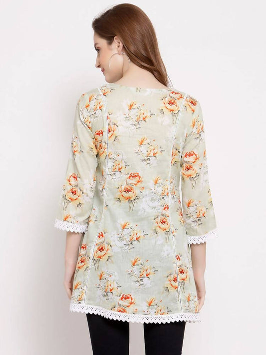 Myshka Women's Off White Cotton 3/4 Sleeve Round Neck Printed Casual Tunic