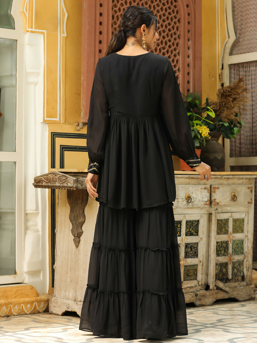 Janasya Black Georgette Sequined Tunic & Bottom 