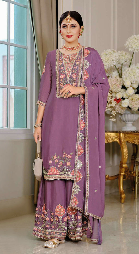 Anaita Purple Chinon Stitched Suit with Embroidery Sequence Work