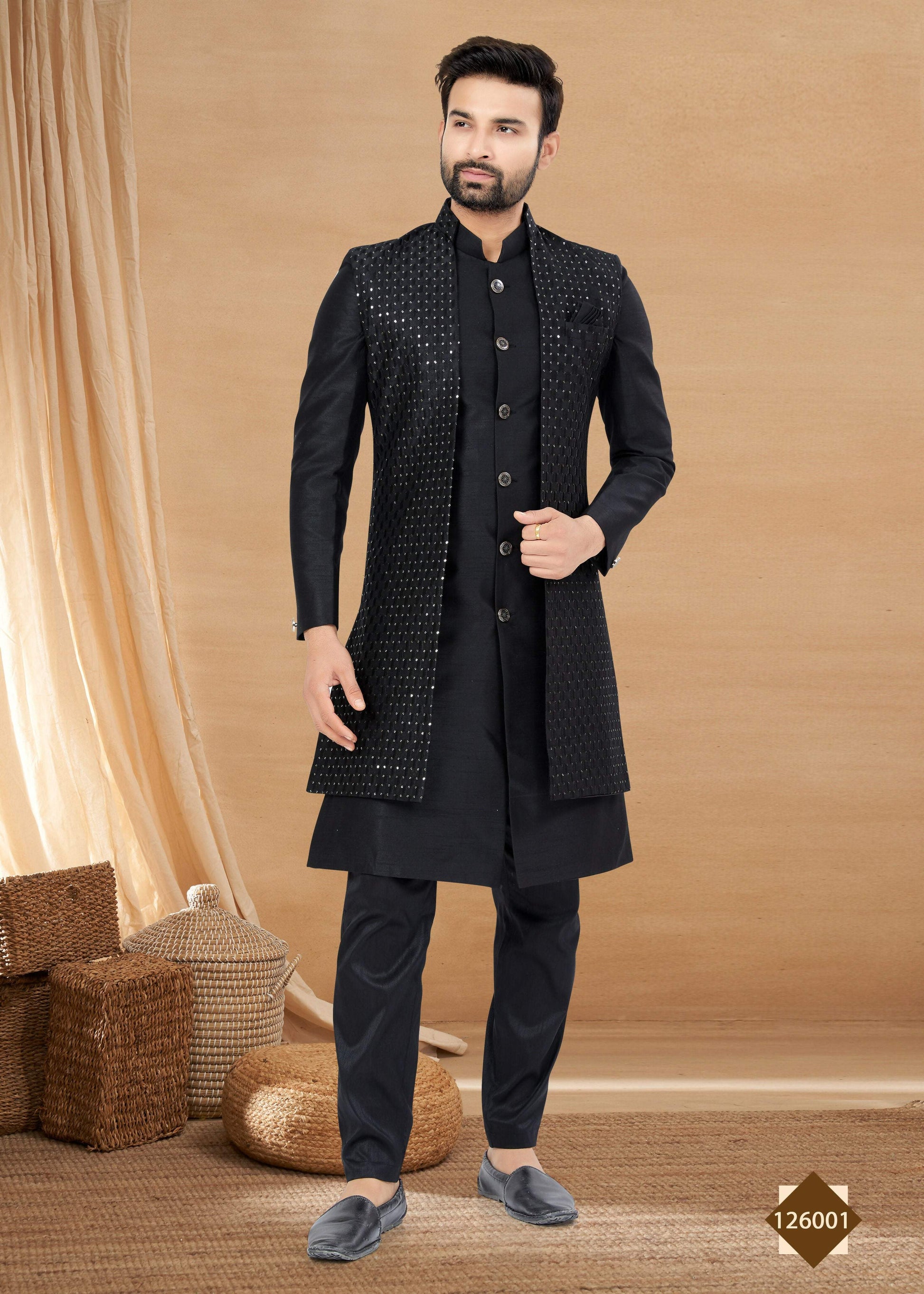 Joban Fashion Men's Black Heavy Art Silk Double Finish Plain Indowestern