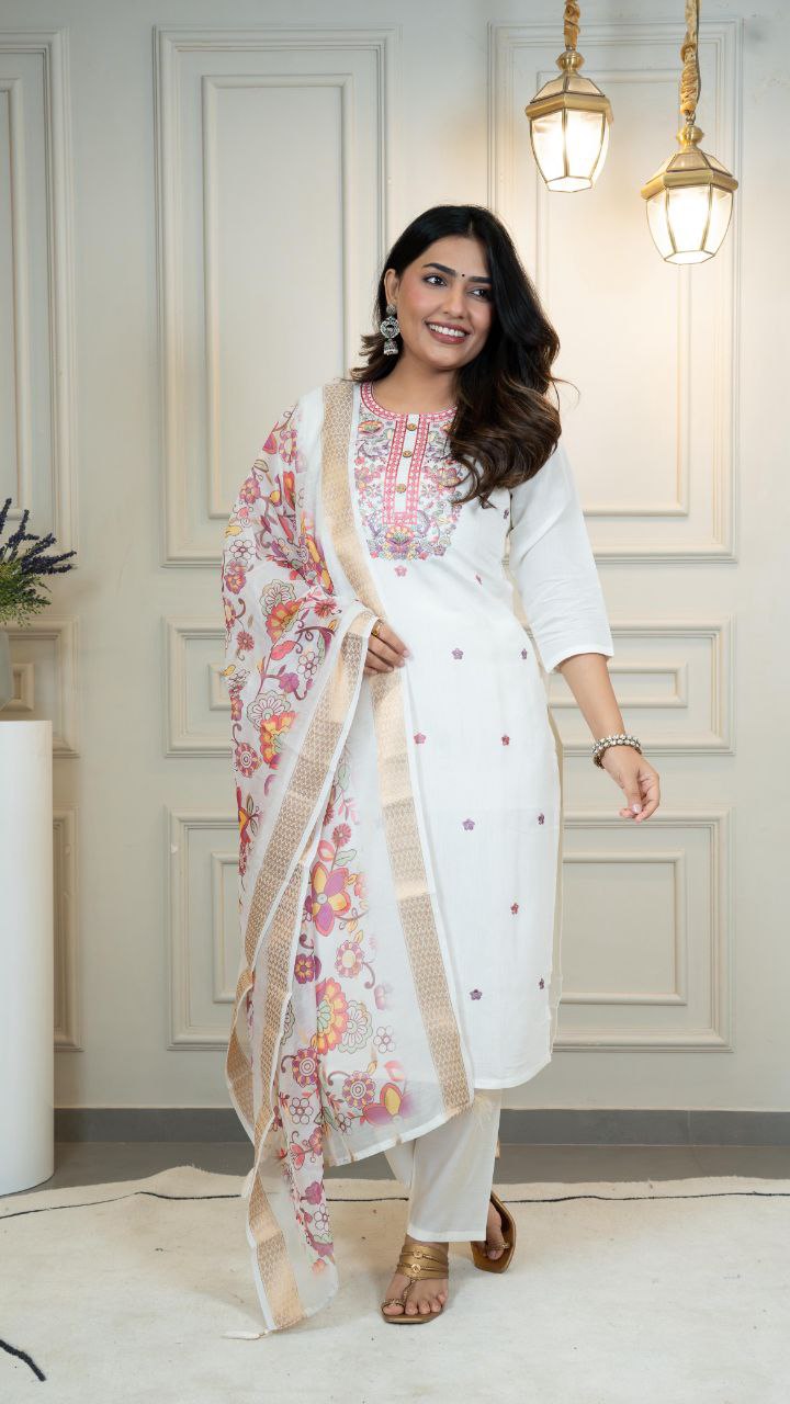 Lorenvalley Fashion Offwhite Roman Silk Embroidery Multi with Sequence Work Kurta Pant with Dupatta 