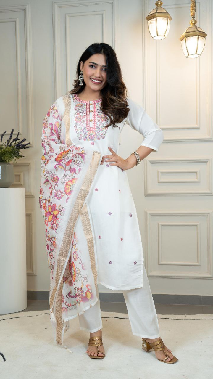 Lorenvalley Fashion Offwhite Roman Silk Embroidery Multi with Sequence Work Kurta Pant with Dupatta 
