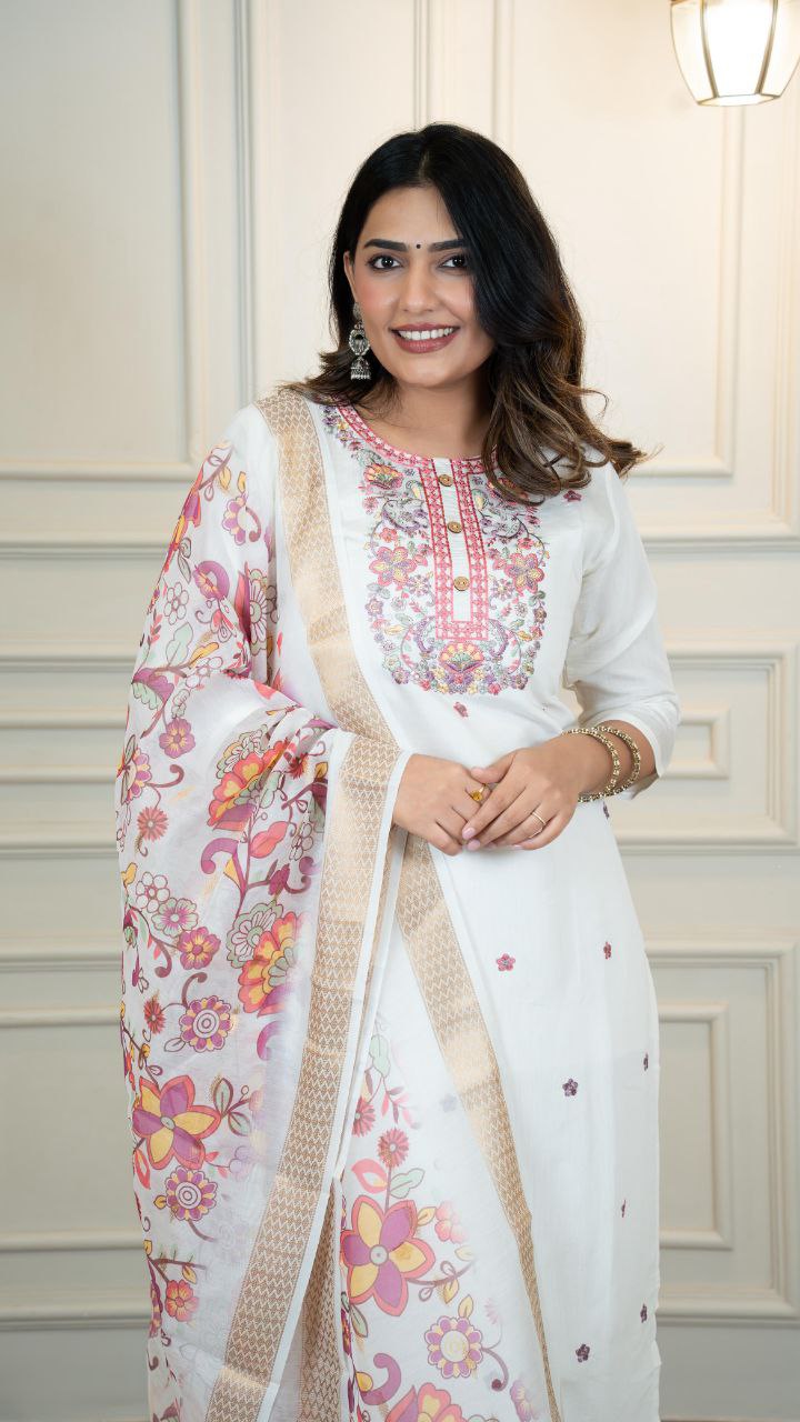 Lorenvalley Fashion Offwhite Roman Silk Embroidery Multi with Sequence Work Kurta Pant with Dupatta 