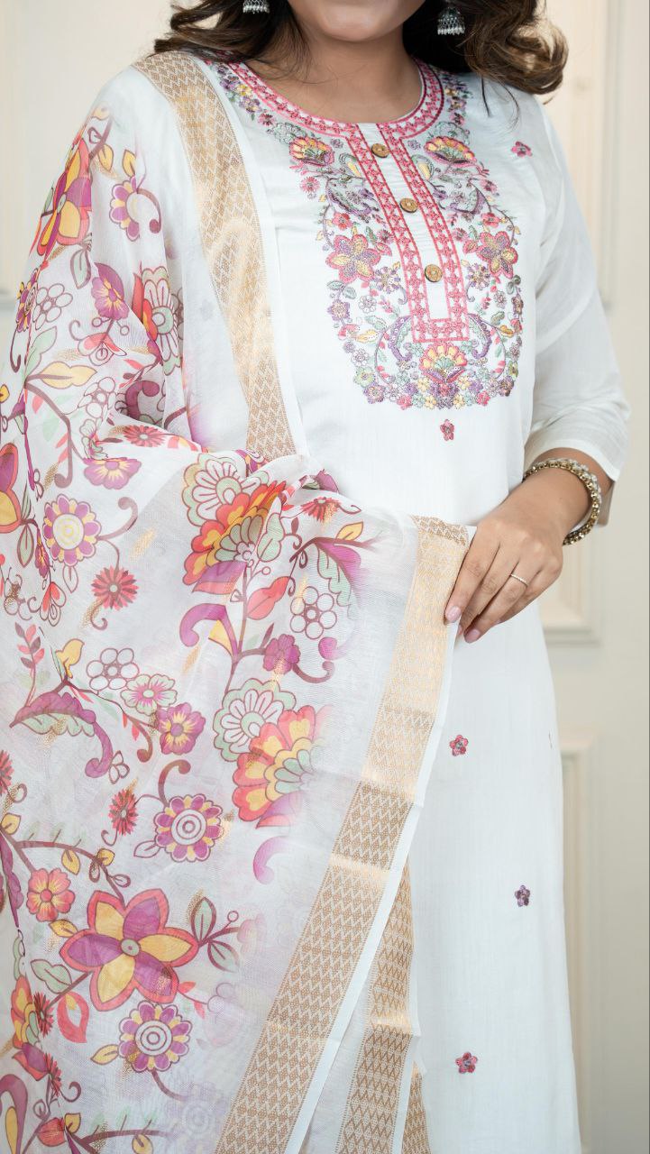 Lorenvalley Fashion Offwhite Roman Silk Embroidery Multi with Sequence Work Kurta Pant with Dupatta 