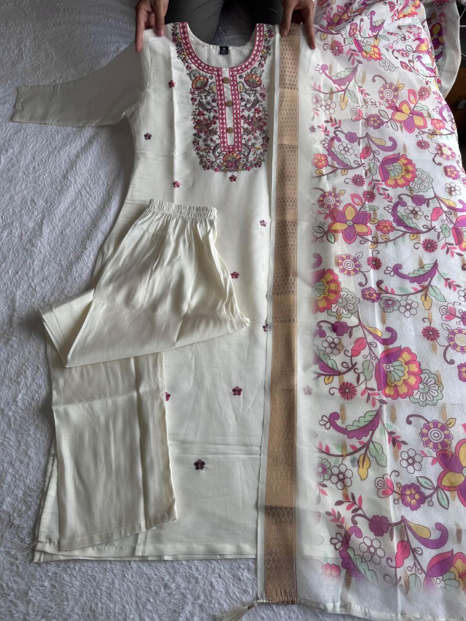 Lorenvalley Fashion Offwhite Roman Silk Embroidery Multi with Sequence Work Kurta Pant with Dupatta 