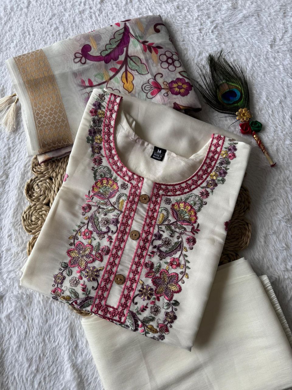 Lorenvalley Fashion Offwhite Roman Silk Embroidery Multi with Sequence Work Kurta Pant with Dupatta 