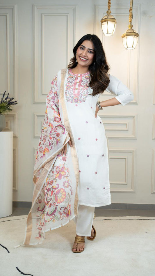 Lorenvalley Fashion Offwhite Roman Silk Embroidery Multi with Sequence Work Kurta Pant with Dupatta 