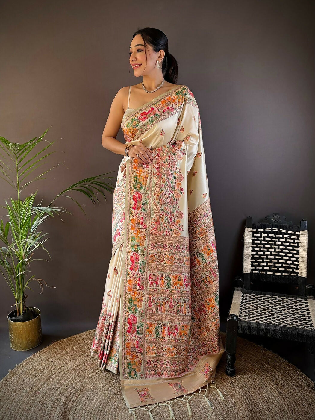 Joban Fashion White Meena Weaves Pashmina Sarees
