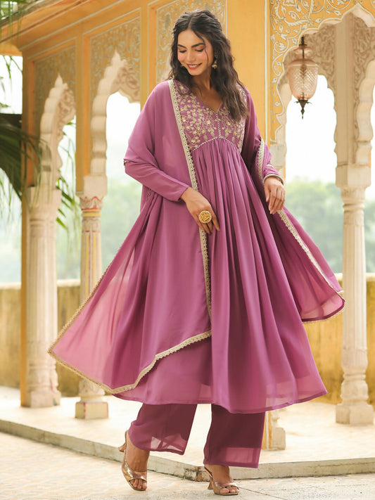 Janasya Lavender Georgette Yoke Embroidery Kurta,Bottom & Dupatta 