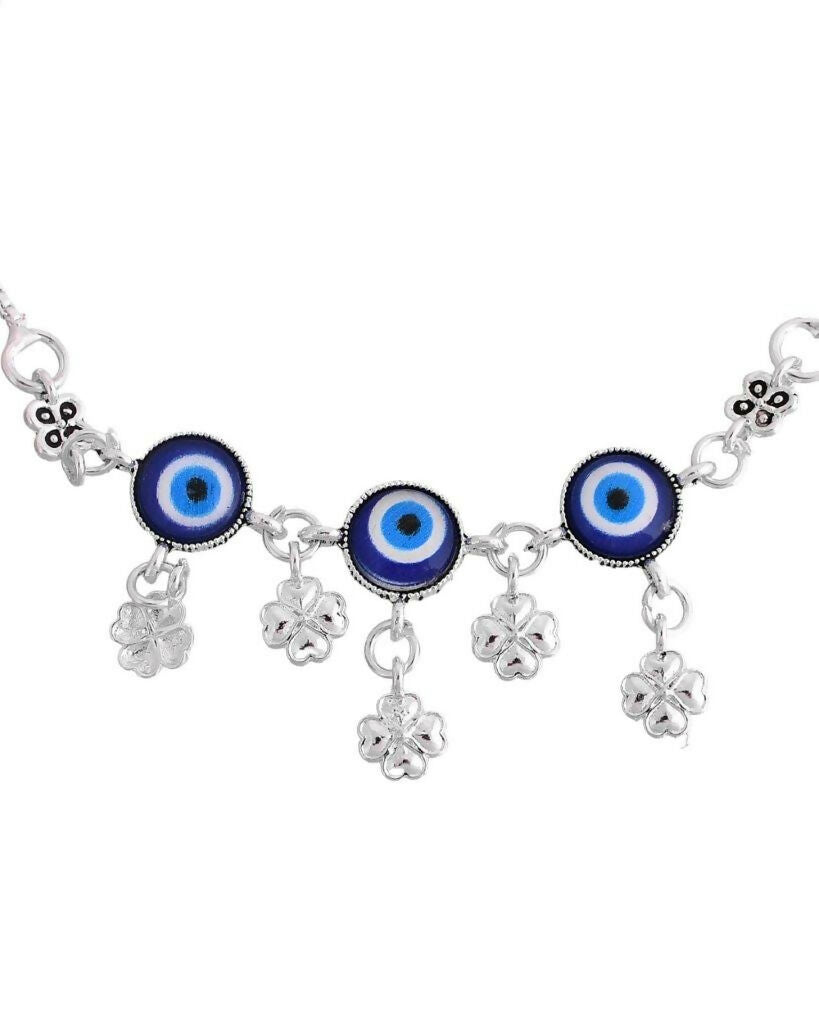 VOJ Set Of 2 Silver Plated Evil Eye Handcrafted Anklets 