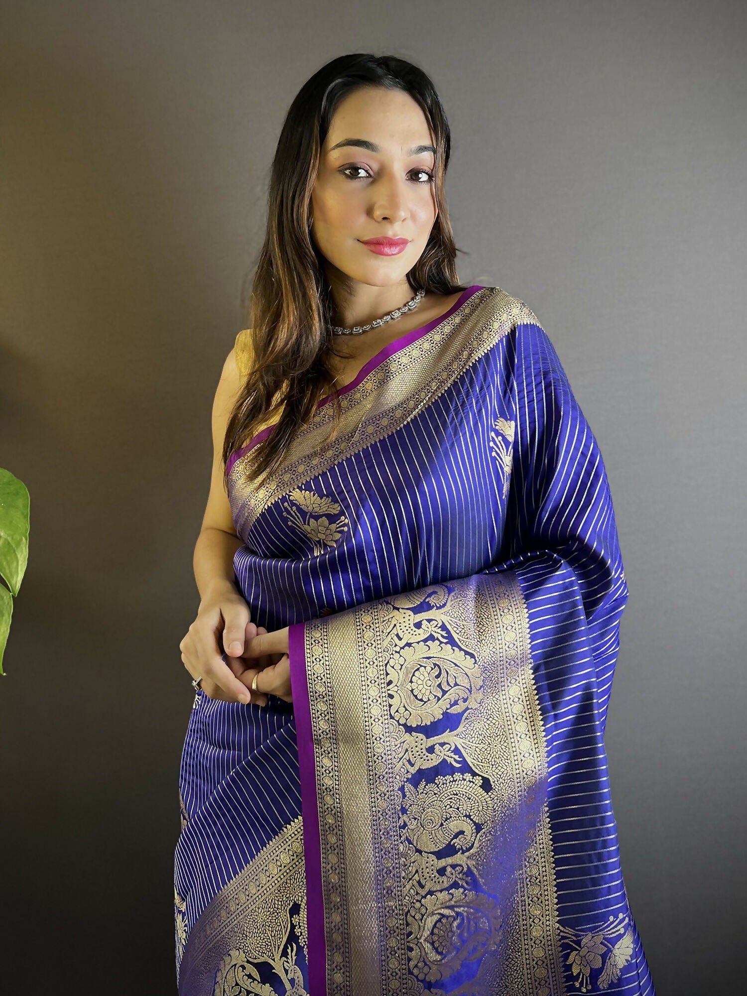 Joban Fashion Royal Blue Striped With Floral Motifs Soft Silk Leheriya Saree