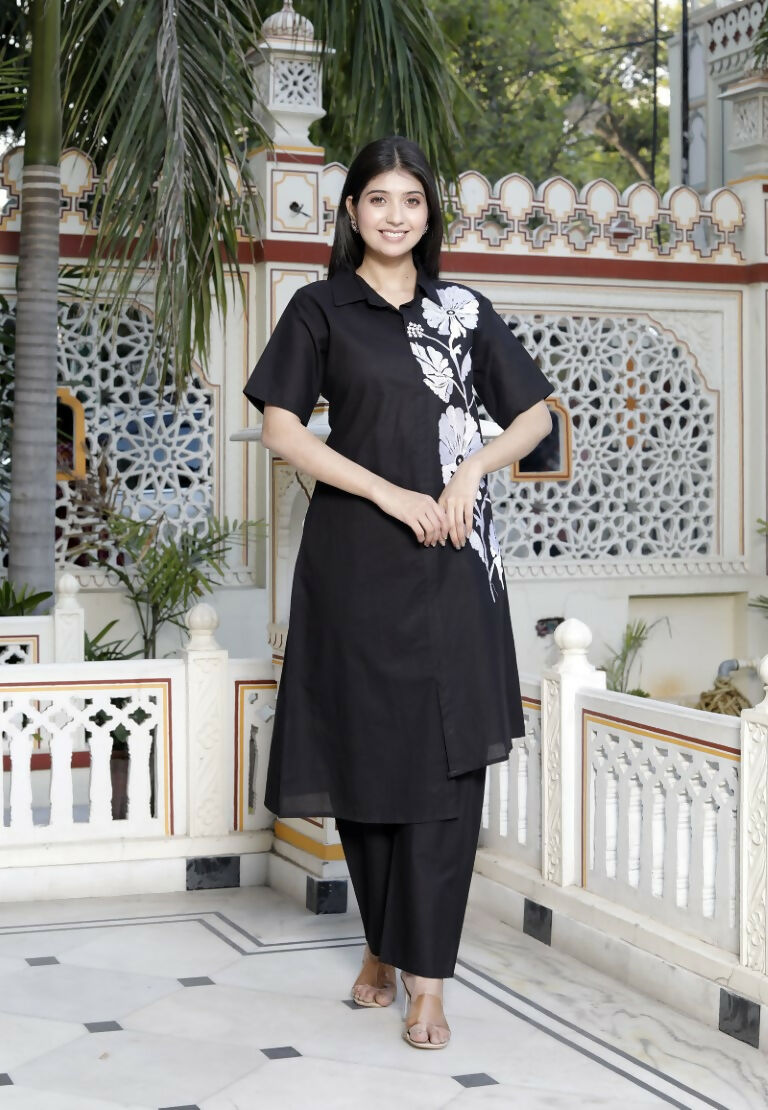 Miravan Women's Black Pure Cotton Floral Embroidered High Low Co-Ord Set 