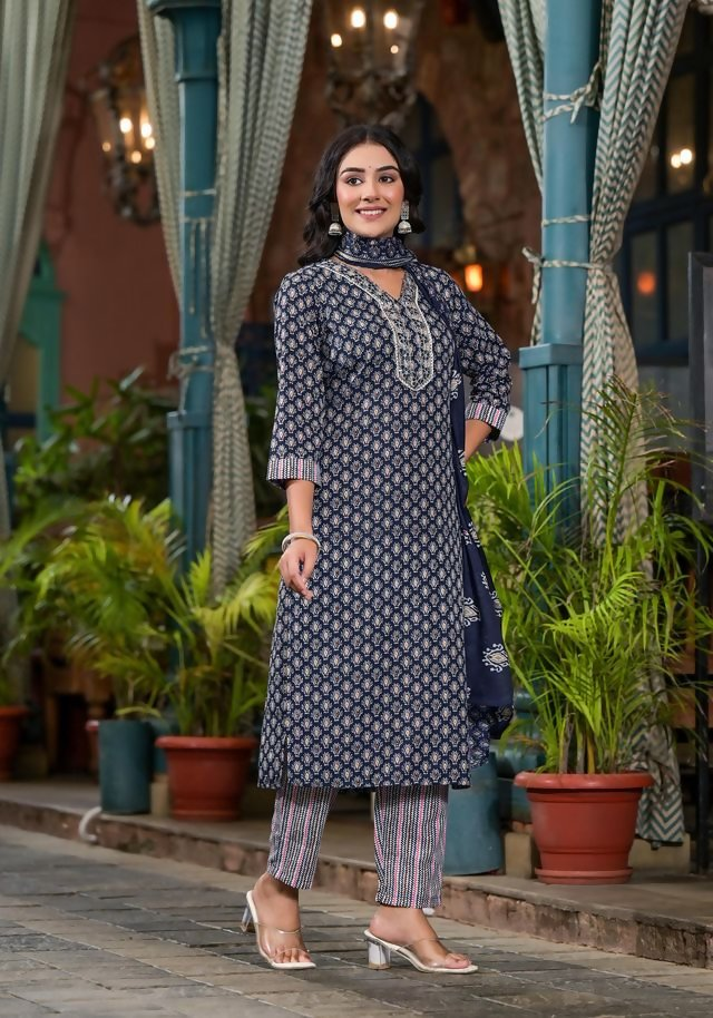Juniper Women's Navy Ethnic Motif Printed Cotton Kurta Pant And Dupatta Set With Mirror Work & Sequins
