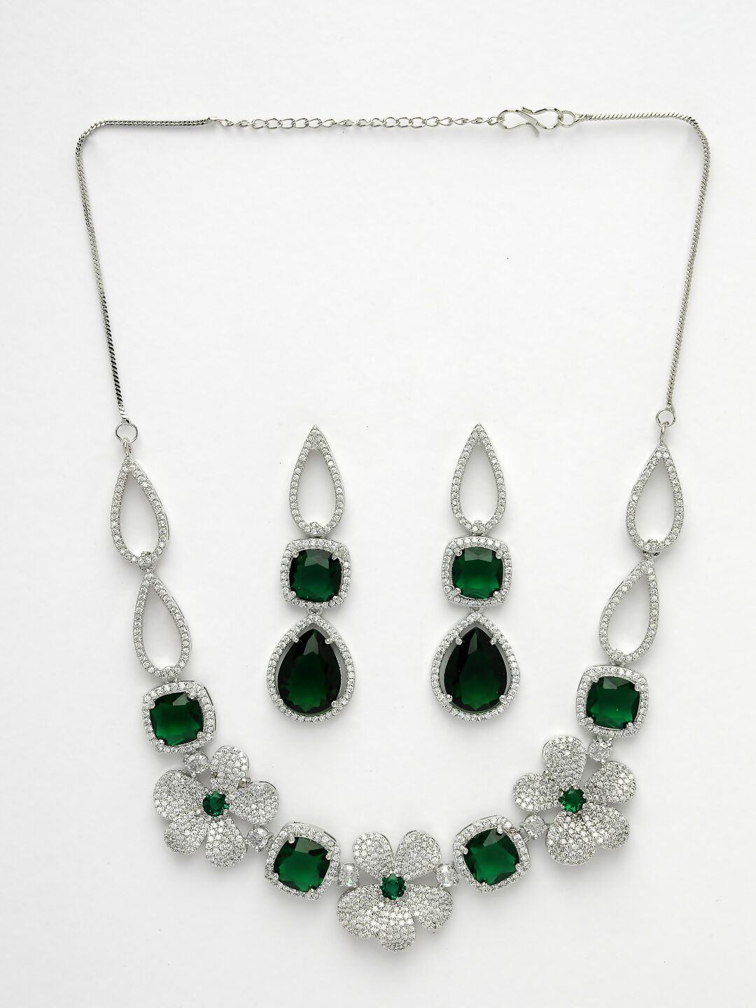 NVR Women's Green & Silver-Plated American Diamond Handcrafted Jewellery Set - Grab2buy