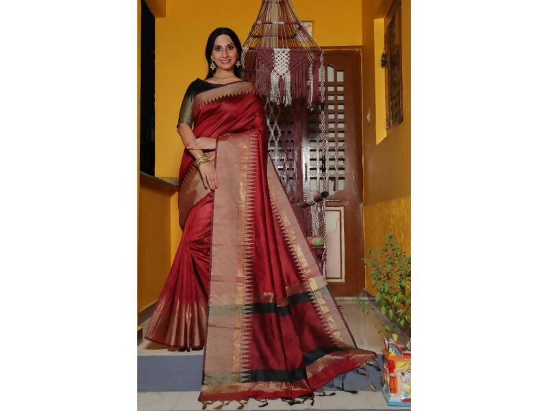 Aastha Fashion Women's Maroon Raw Silk Temple Zari Woven Saree with Blouse - Grab2buy
