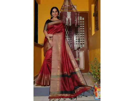 Aastha Fashion Women's Maroon Raw Silk Temple Zari Woven Saree with Blouse - Grab2buy