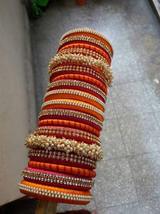 Pink & Orange Silk Threaded Pearl & Stone Bridal Wear Bangles Set 
