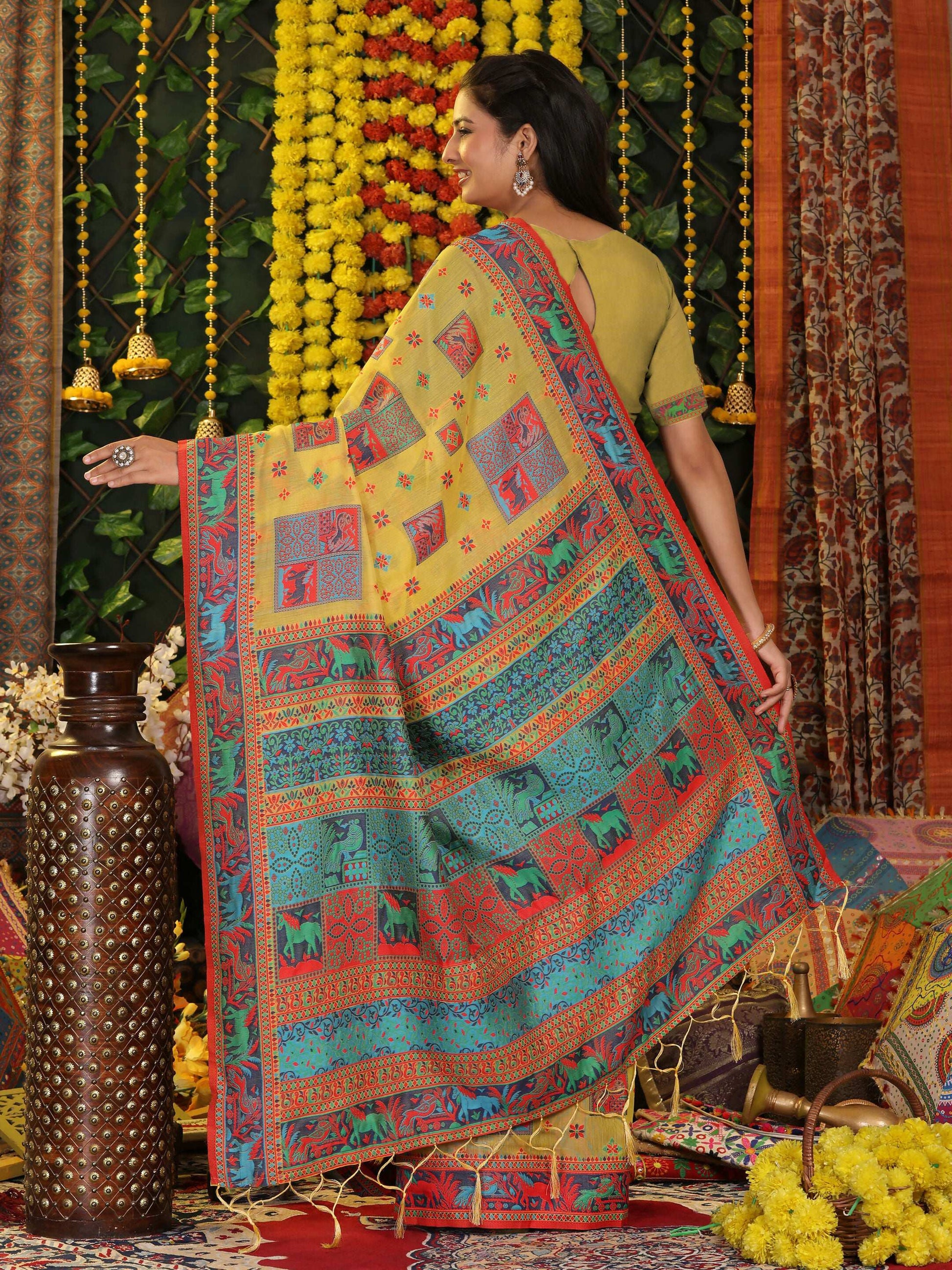 Shree Shyam Fashion Linen Cotton Yellow Saree