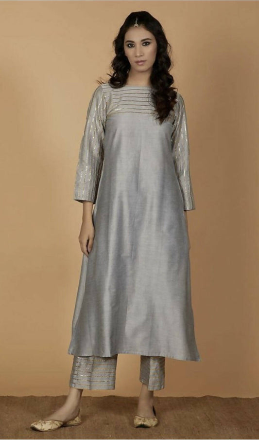 Cheera Silk Blend Fancy Gray Kurta Palazzo Set