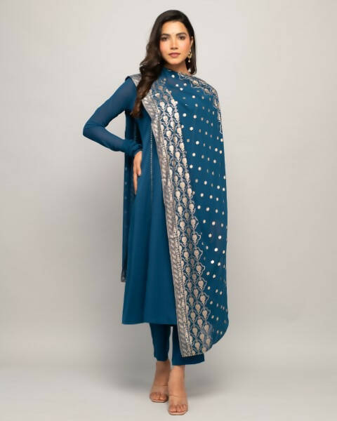 FIORRA Women's Teal Blue Creap A-Line Kurta Pant With Dupatta 