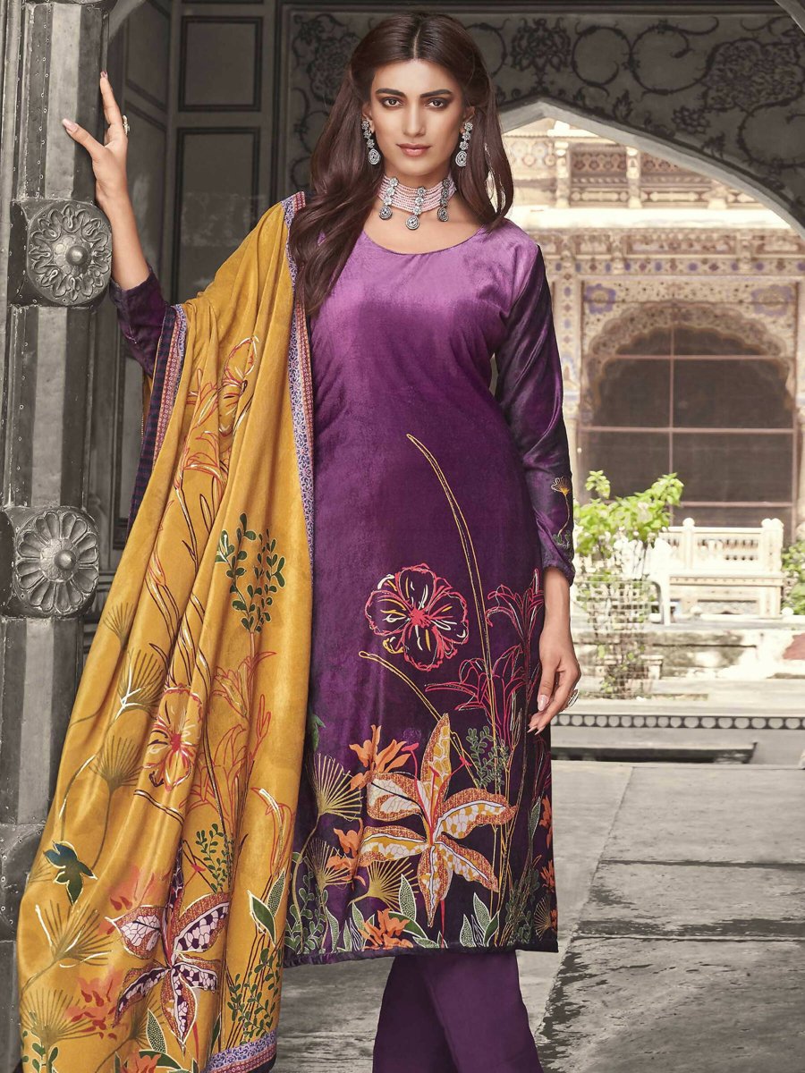 Aastha Fashion Women's Purple Velvet Floral Digital Printed Kurta with Trouser & Dupatta - Grab2buy