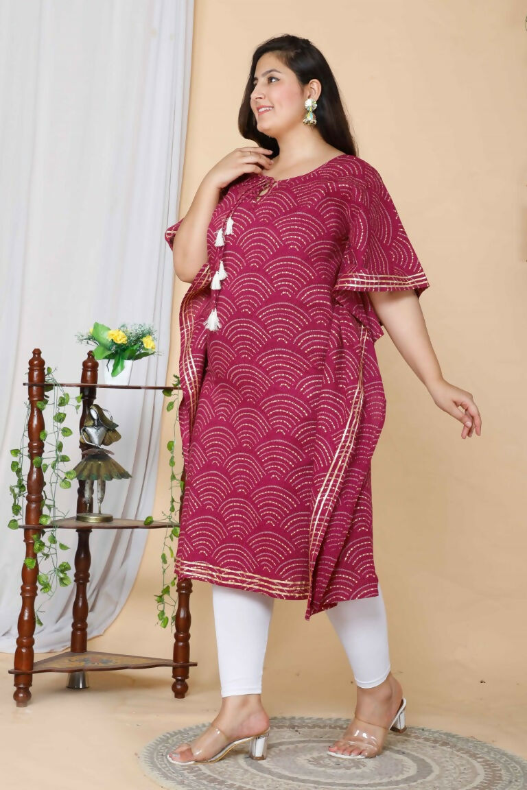Miravan Women's Plus Size Magenta Bandhani Printed Cotton Kaftan Kurta