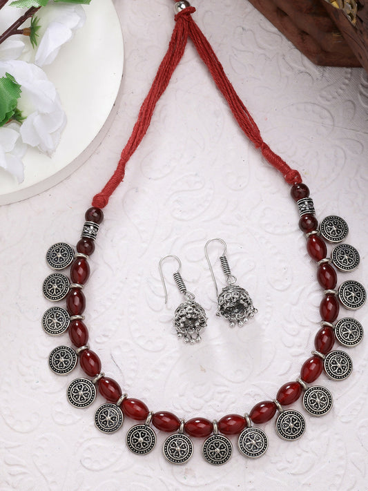 NVR Women's Red Silver-Plated Choke Oxidized Necklace with Jhumka Earrings - Grab2buy