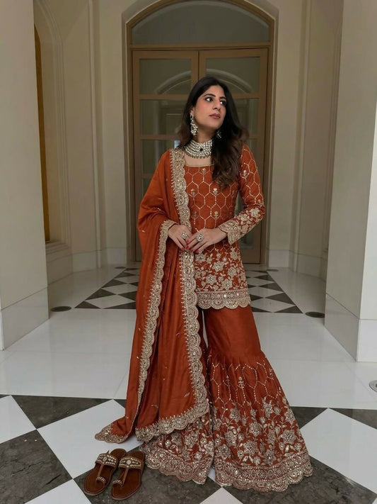 Teeya Creation New Trendy Latest Designer Embroidery Sharara Kurta Set -Orange