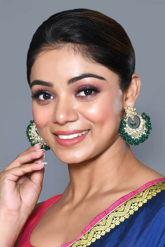 Joban Fashion Women Kundan Pearl Golden White Green Earrings 