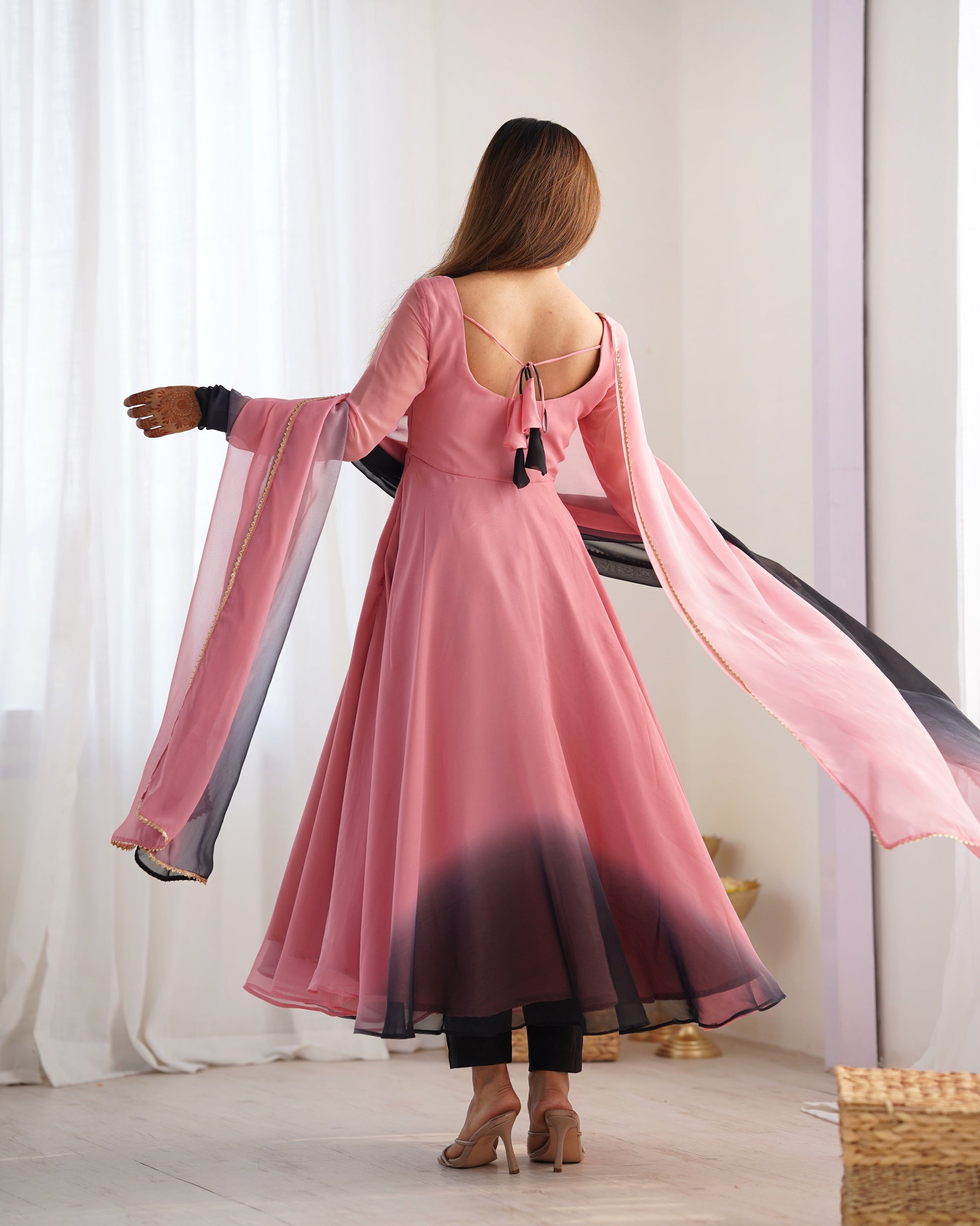 Lorenvalley Women Pure Soft Faux Georgette Colorful Padding Anarkali Kurta Pant With Dupatta Set - Onionpink 