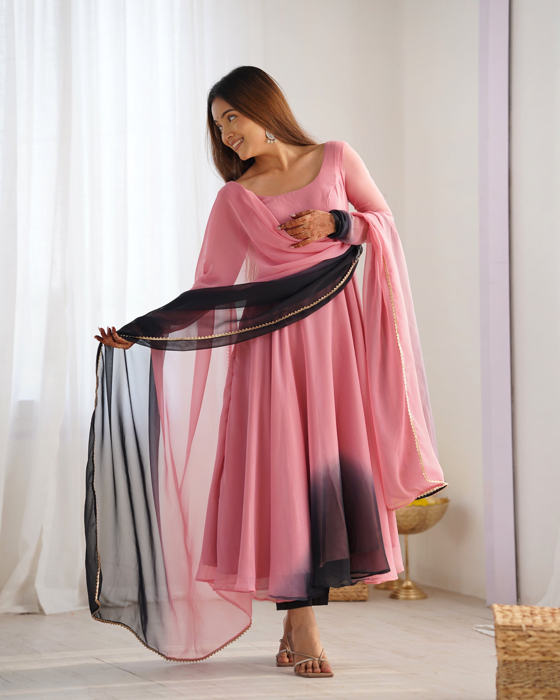 Lorenvalley Women Pure Soft Faux Georgette Colorful Padding Anarkali Kurta Pant With Dupatta Set - Onionpink 