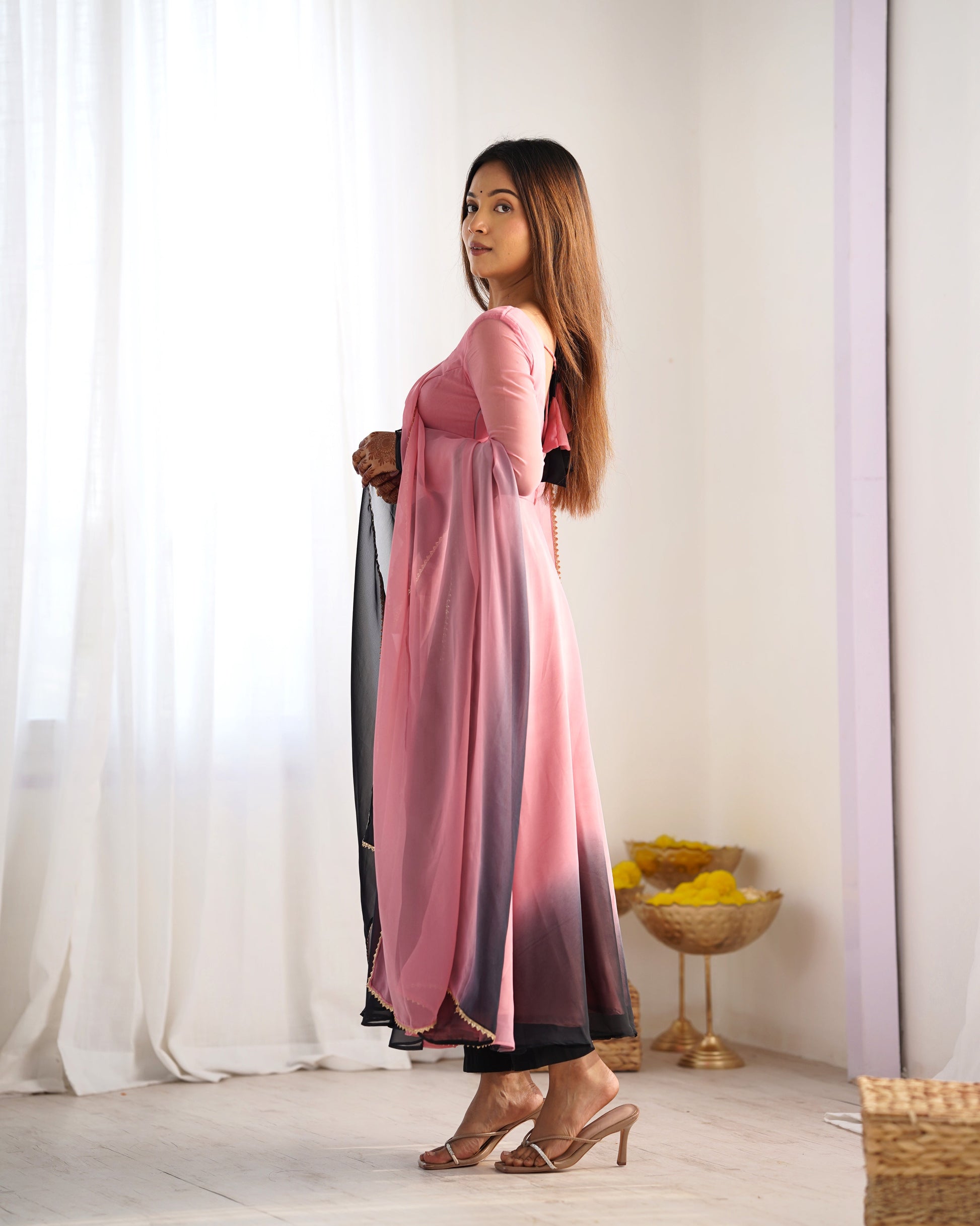Lorenvalley Women Pure Soft Faux Georgette Colorful Padding Anarkali Kurta Pant With Dupatta Set - Onionpink 