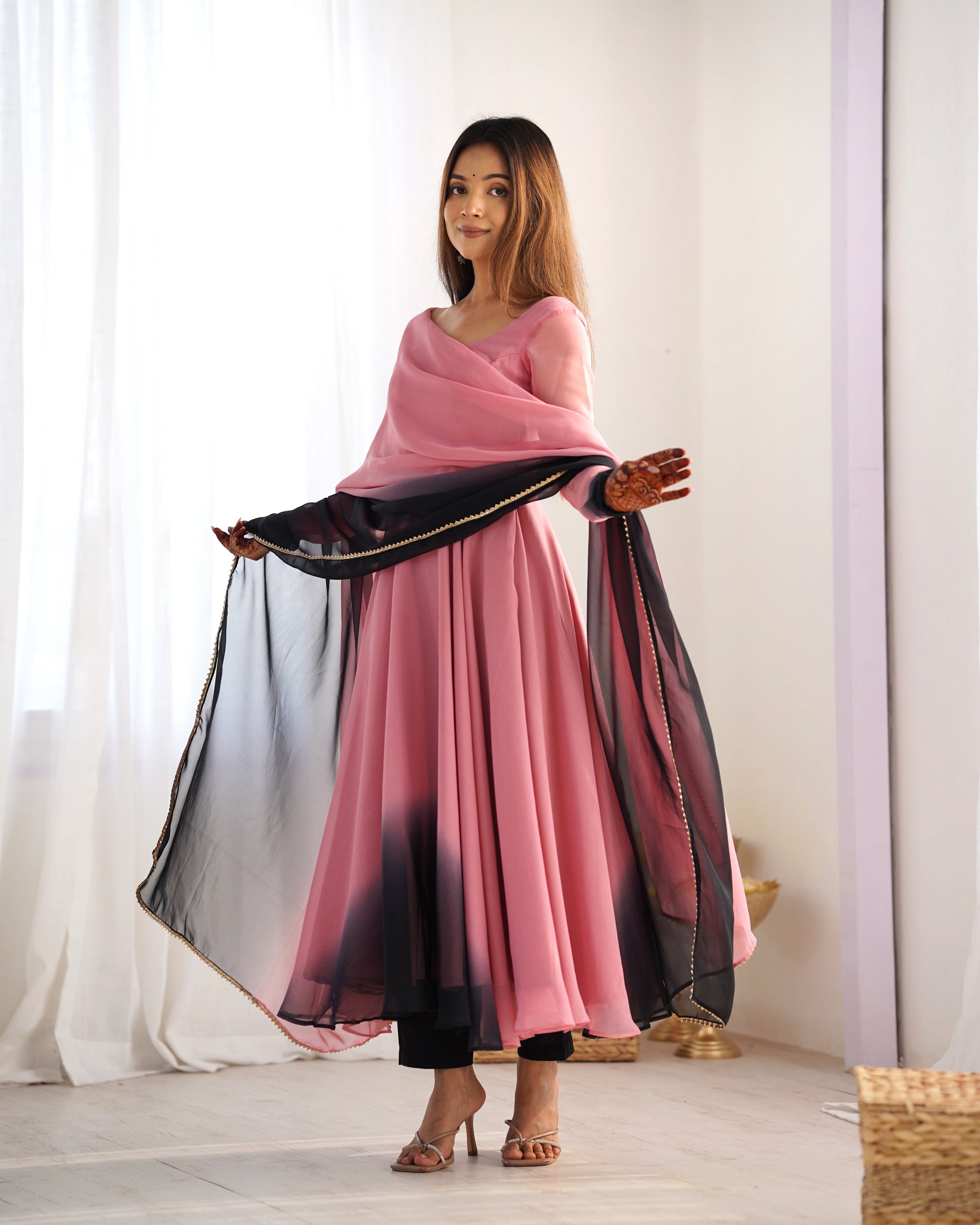 Lorenvalley Women Pure Soft Faux Georgette Colorful Padding Anarkali Kurta Pant With Dupatta Set - Onionpink 