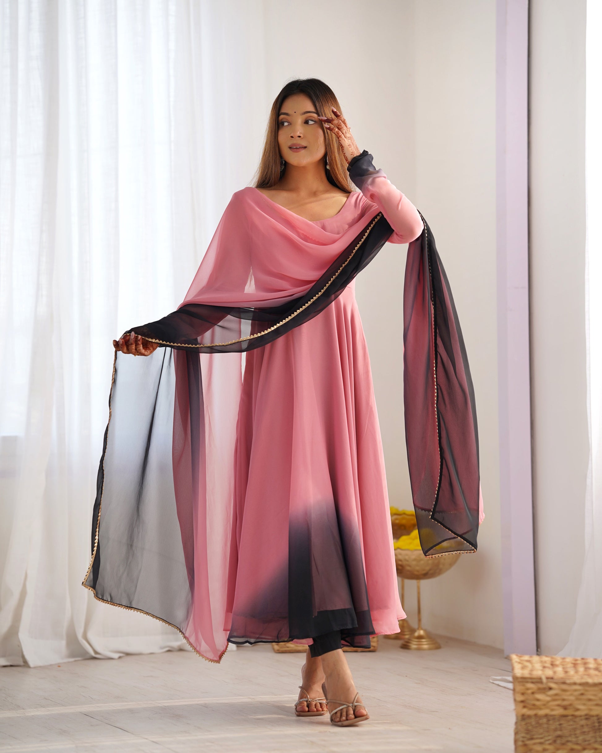 Lorenvalley Women Pure Soft Faux Georgette Colorful Padding Anarkali Kurta Pant With Dupatta Set - Onionpink 