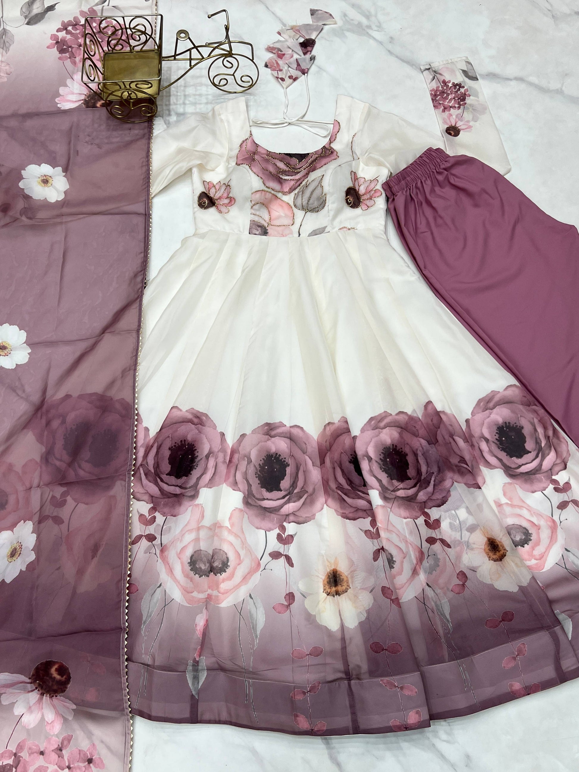 Lorenvalley Fashion Soft Organza Silk Front On Fancy Badla Jari Work Flower Position Print Outing Work Anarkali Kurta Pant With Dupatta Set 