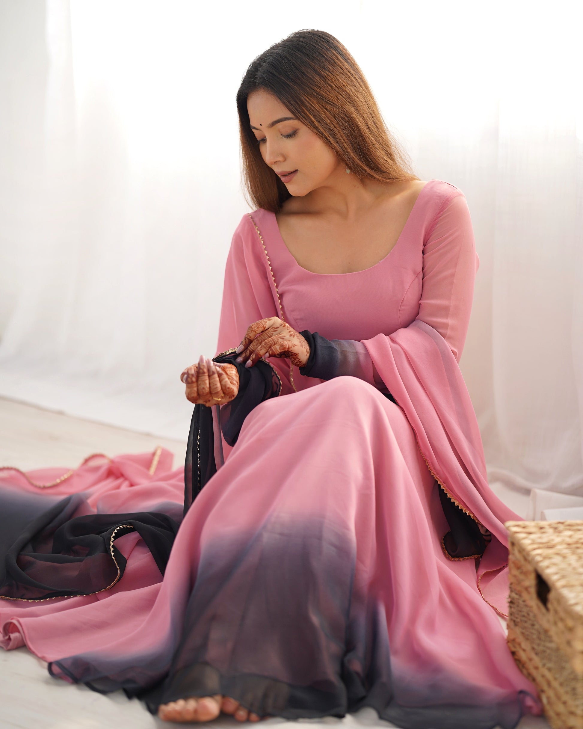 Lorenvalley Women Pure Soft Faux Georgette Colorful Padding Anarkali Kurta Pant With Dupatta Set - Onionpink 