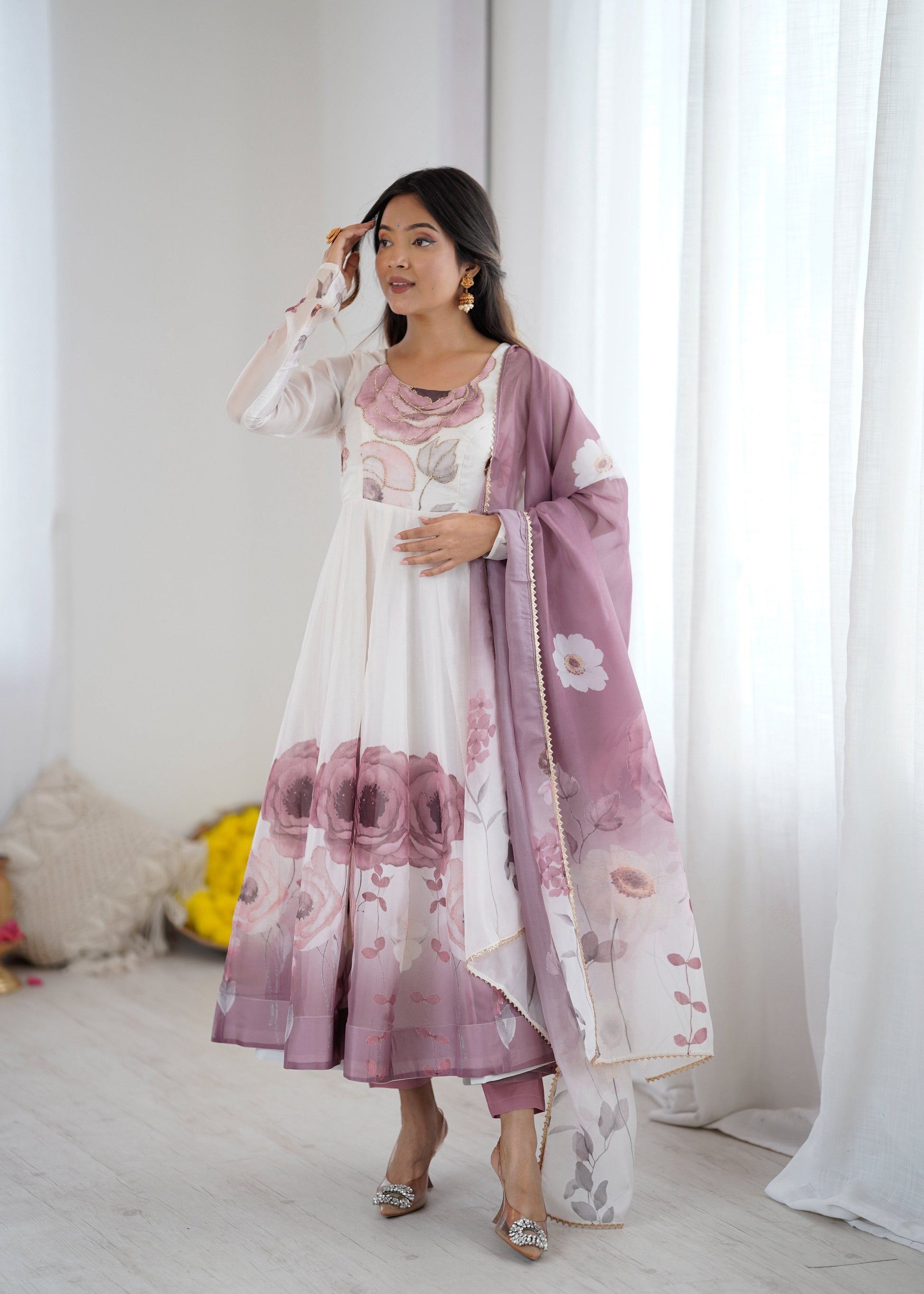 Lorenvalley Fashion Soft Organza Silk Front On Fancy Badla Jari Work Flower Position Print Outing Work Anarkali Kurta Pant With Dupatta Set 