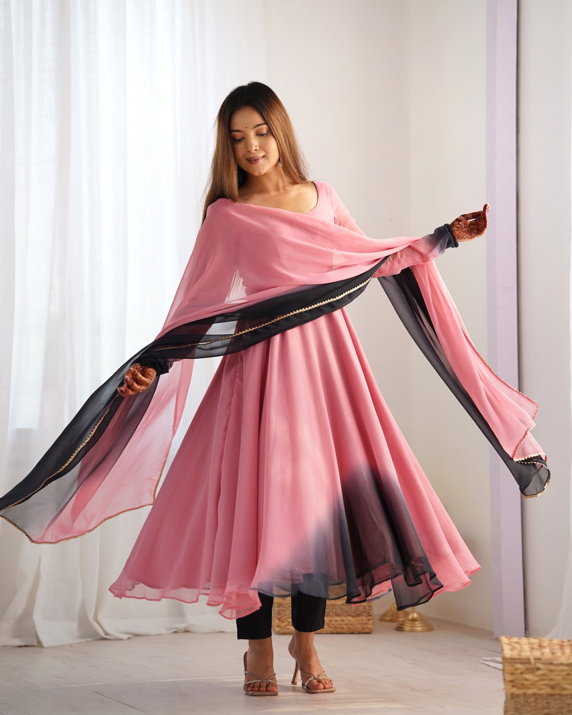 Lorenvalley Women Pure Soft Faux Georgette Colorful Padding Anarkali Kurta Pant With Dupatta Set - Onionpink 