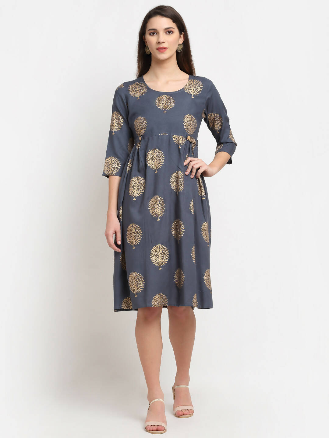Rudra Bazaar Gold Boota Printed Grey Kurti