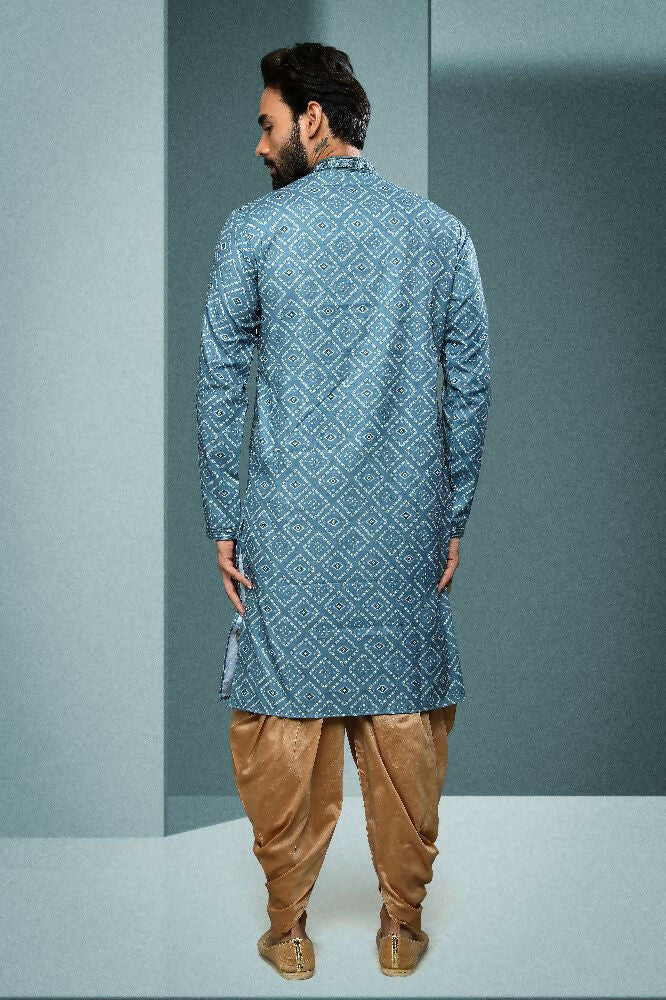 Raivat Ethnic Cotton Digital Print Mirror Work Kurta Pajama In Sky Blue Colour