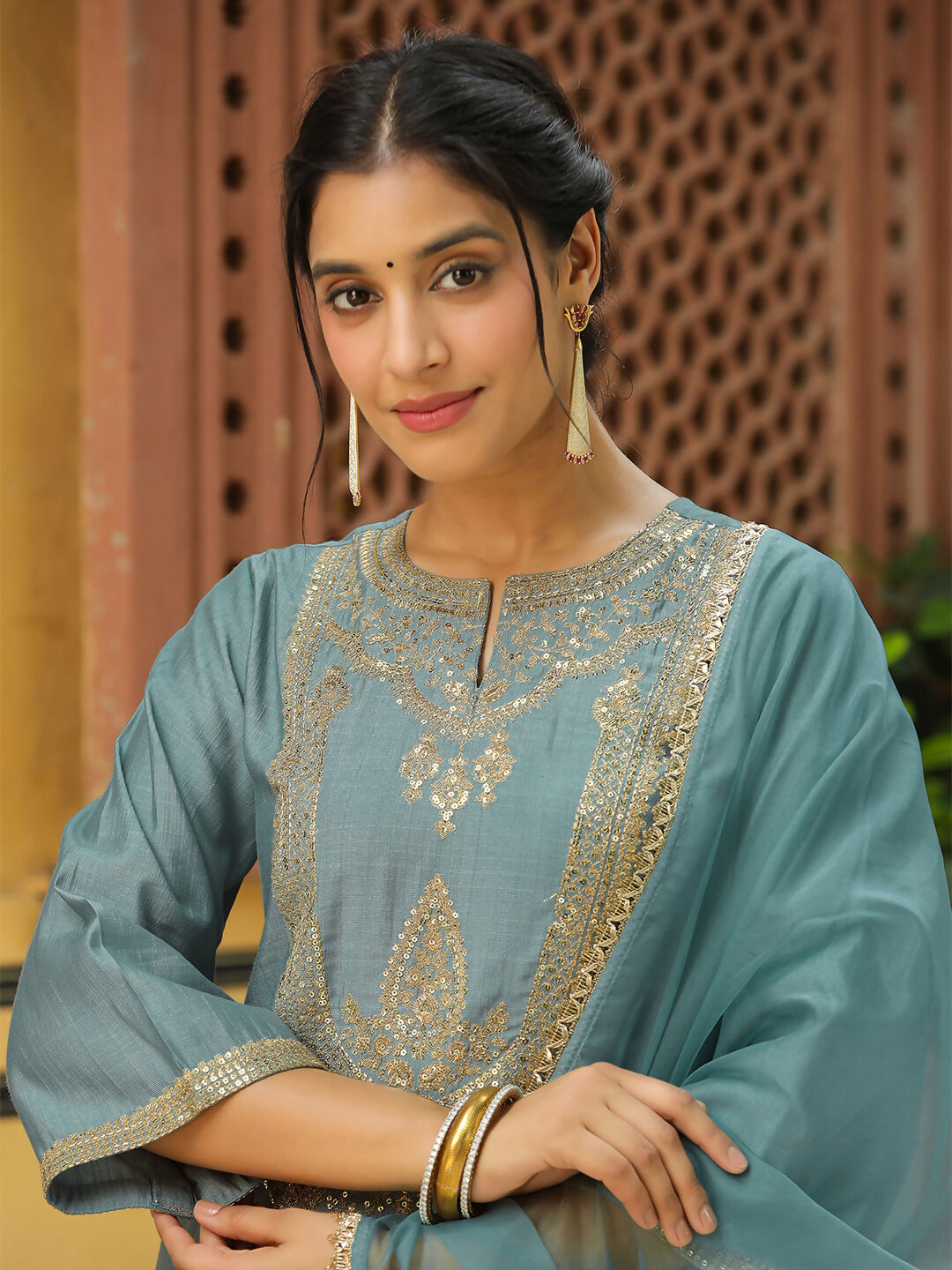 Janasya Light Blue Silk Blend Solid Kurta,Bottom & Dupatta 