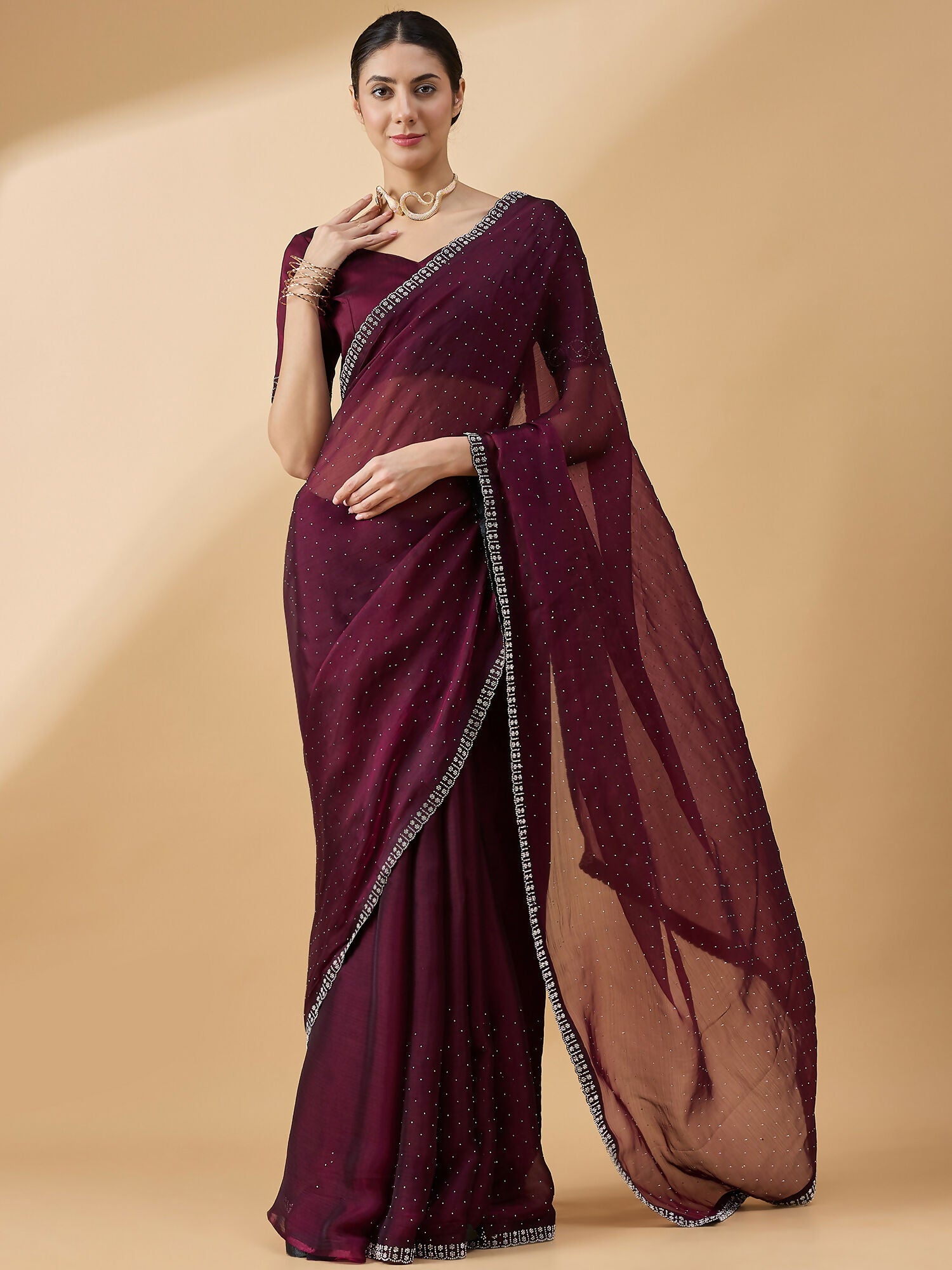 Purple Organza Swaroski Diamond Work Saree with Unstitched Blouse - Radha