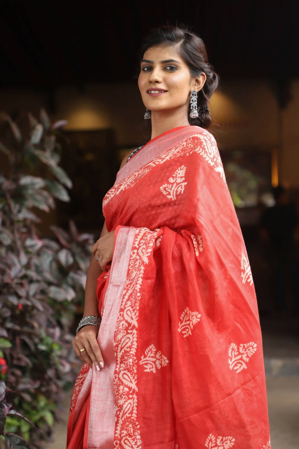 Very Much Indian Organic Linen With Handblock Printing Saree - Red - Grab2buy
