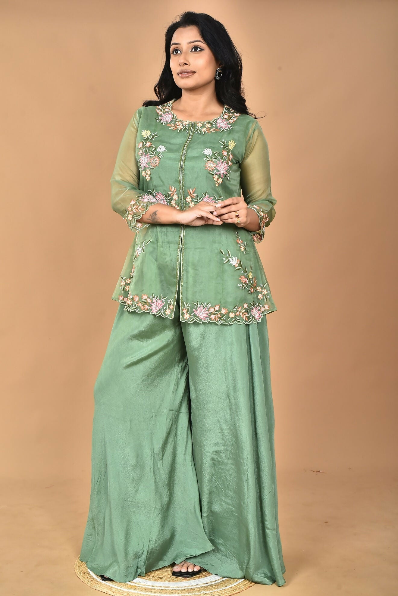 Morchari Women And Hand Embroidery Palazzo Set-Green 
