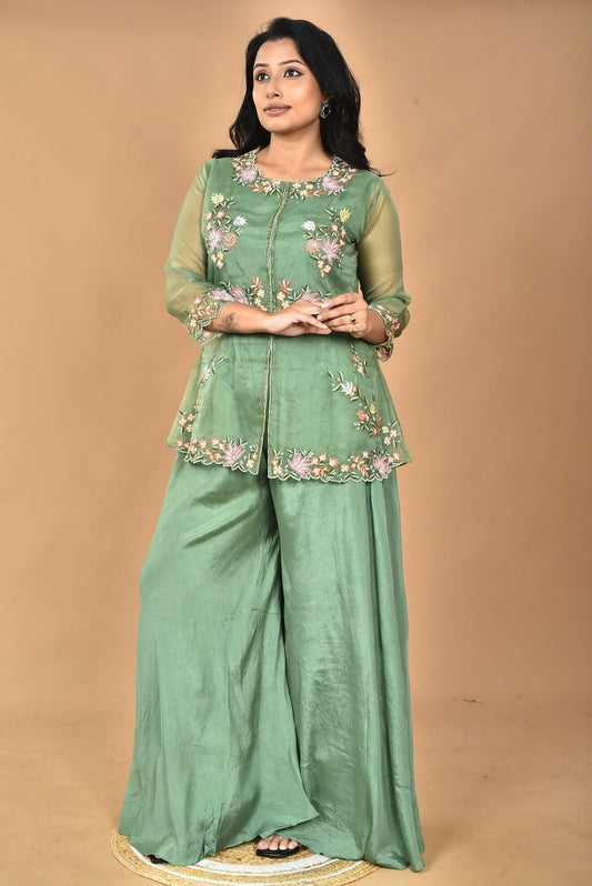 Morchari Women And Hand Embroidery Palazzo Set-Green 