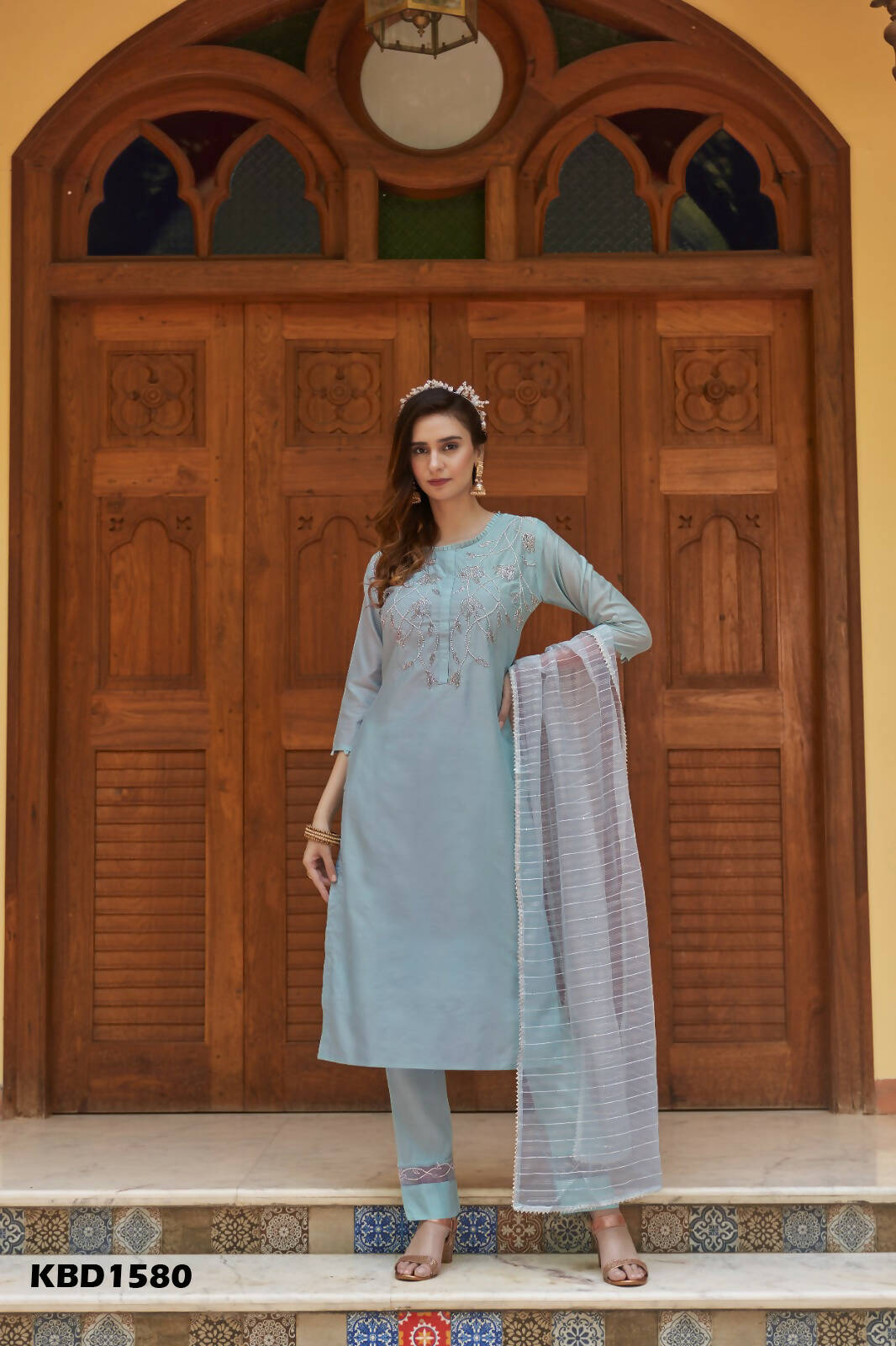 Sky Blue Chinon Embroidered Kurta and Bottom with Dupatta - Akashara