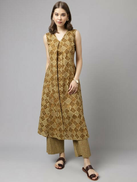 FIORRA Women's Brown Cotton A-Line Kurta Palazzo Set 