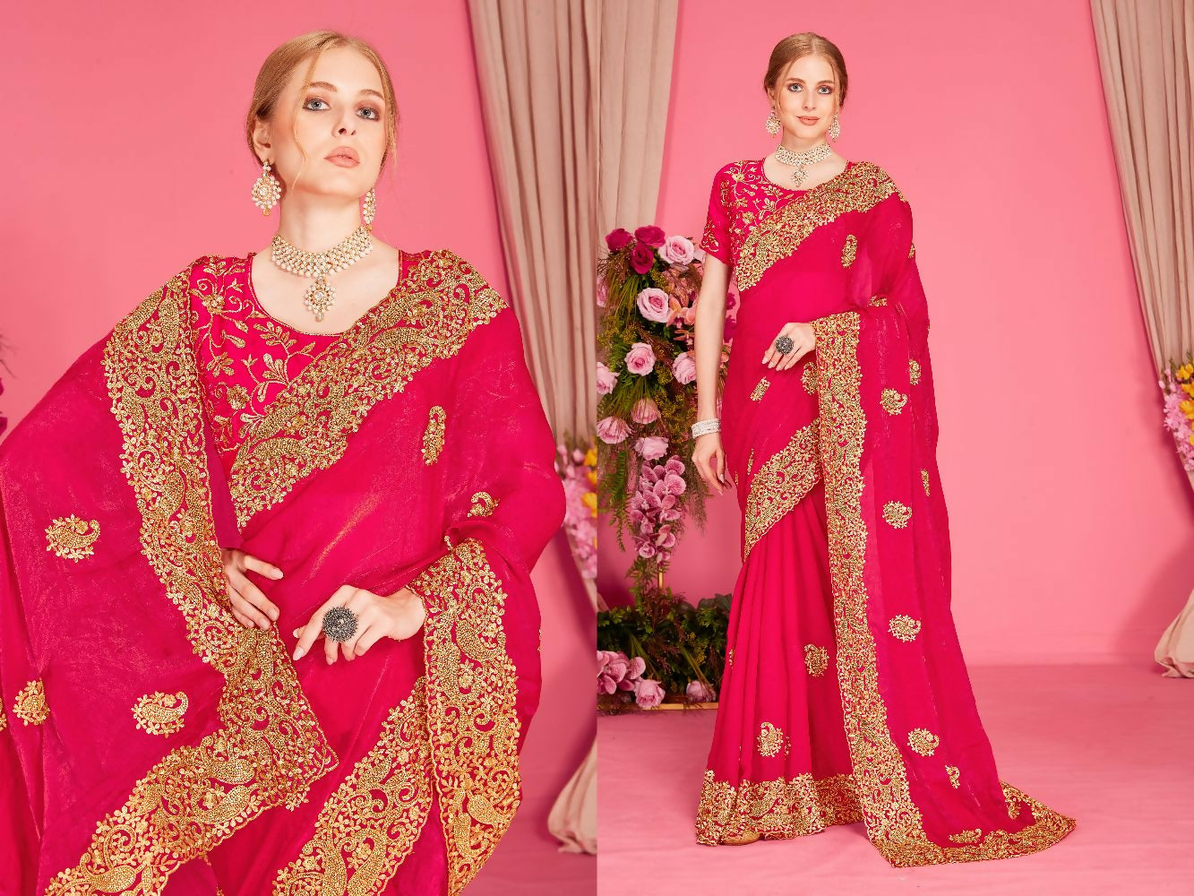 PR Fashion Rani Fendi Two Tone Silk Heavy Zari Embroidery Work With Heavy Zircon Work Saree